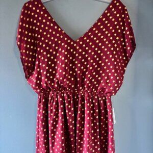 Charming Charlie A Line L Burgundy Wine Gold Polka Dot Deep V Neck Sleeveless